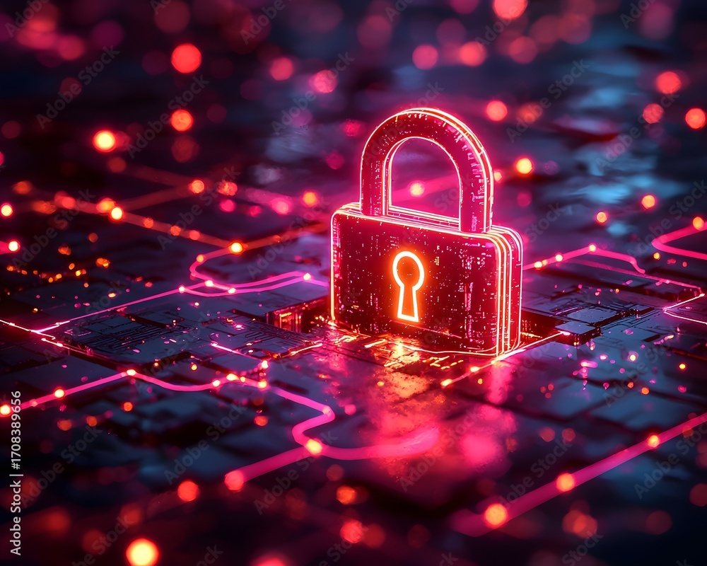 Poster glowing neon padlock on a futuristic digital circuit grid symbolizing cybersecurity and data protect
