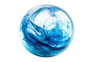 Abstract blue and white swirls in glass orb, sphere, globe, marble, ball, liquid, ink, paint isolated on transparent background