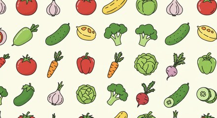 Food Seamless Pattern Background with Line Icons of Tomato, Garlic, Carrot, Pepper, Broccoli and Cucumber for Healthy Eating and Farm Grocery Store Vector Illustration
