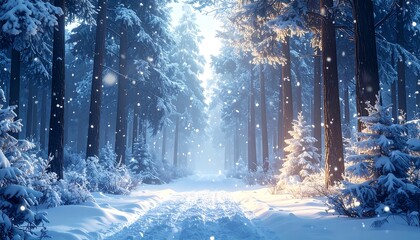 A serene winter forest scene with snow falling over a snowy path framed by tall, snow-covered trees with soft light