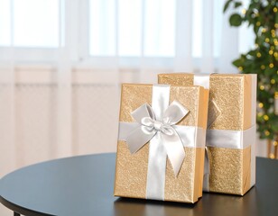 Two golden gift boxes on a black table