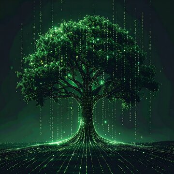 Digital tree with glowing green binary code