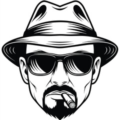Monochrome man with a hat and sunglasses smoking a cigar exudes a cool vibe