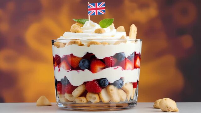 Cinematic video of traditional British trifle dessert with cream layers, fresh strawberries, blueberries, raspberries and biscuit crumble in a glass bowl with subtle steam and warm lighting