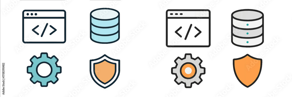 Aufkleber digital icons representing web development and database management activities in a modern design