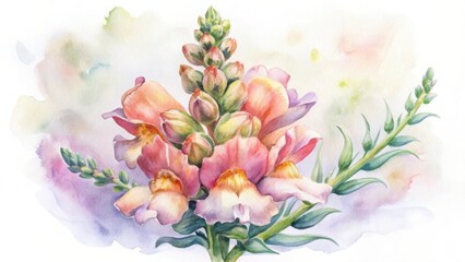 Obraz premium Watercolor painting of a snapdragon flower bouquet, showcasing delicate petals and vibrant colors on white background
