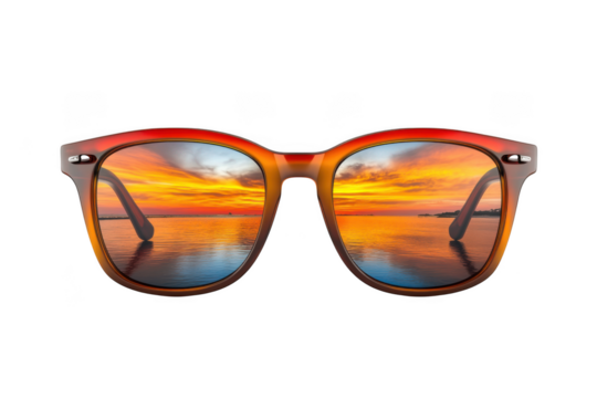Sunset reflection sunglasses png, beach view eyewear, fashion accessory, summer style, sun protection, eye protection, vacation vibes, travel gear isolated on transparent background