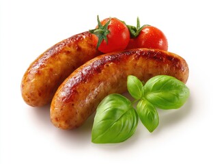 Two cooked sausages, browned and slightly crispy, rest on a white background. Fresh basil leaves and small, red cherry tomatoes are arranged beside them