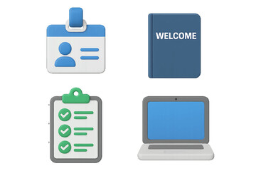 Fototapeta premium Identifying components of a modern office setup including a badge, a welcome notebook, a checklist, and a laptop