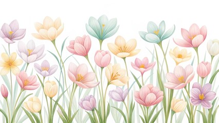 Watercolor crocus flowers isolated on white background, a beautiful spring floral border illustration