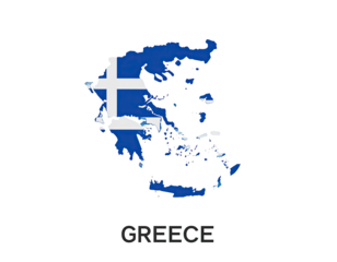 Greece map silhouette overlaid with flag
