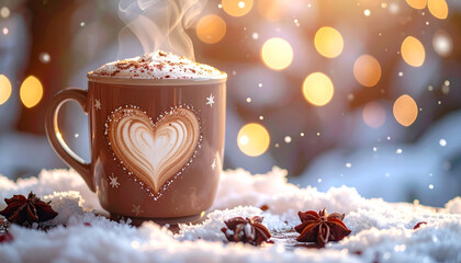 Steaming Heart Latte in Winter Wonderland with Bokeh Lights