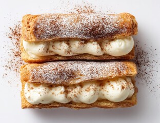 Two pastries, topped with a dusting of cocoa powder, sit side-by-side on a white background.  Each pastry displays a creamy, light-yellow filling, nestled within a flaky, golden-brown pastry shell