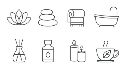 Obraz premium Spa essentials icons: relaxation, serenity, bathtub, candle, lotus, stones, aromatherapy, cup