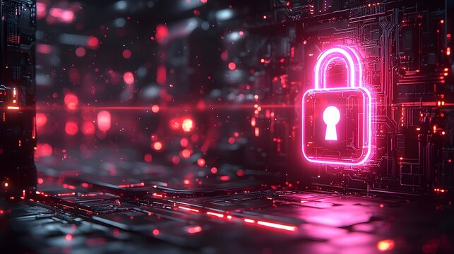 Futuristic neon padlock icon representing digital security and protection glowing vibrantly against a dark abstract technological background with red