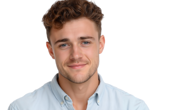Close-up portrait of a handsome man with a gentle smile, isolated on transparent background