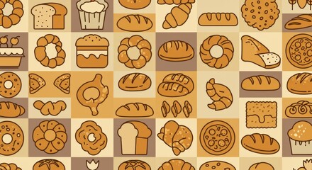 Wheat and Bakery Bread Abstract Modern Line Geometric Pattern with Pastry, Cake, Pizza, Bun, Cookie, Biscuit and Waffle Mosaic Tile Vector Background