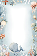 Cute Whale Turtle Seahorse Fish Starfish Seaweed. Underwater world. Watercolor hand painted illustration adorable pastel color poster postcard for kids nursery baby shower undersea design background