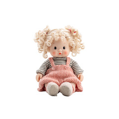 Soft, seated doll with light blonde curly hair, wearing a pink and gray outfit