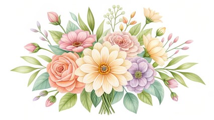 Watercolor illustration of a beautiful flower bouquet with pastel colors isolated on white background