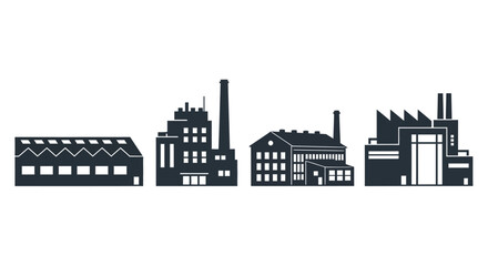 Naklejka premium Industrial factory buildings silhouette set industrial architecture manufacturing plant structures landscape isolated vector