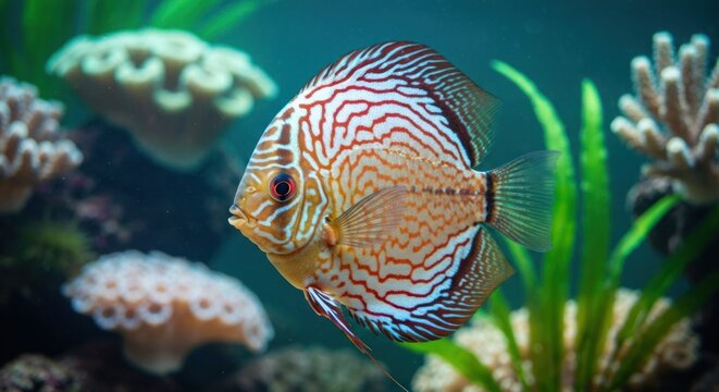 Close-up of a colorful discus fish in an aquarium.  Coral and aquatic plants surround it