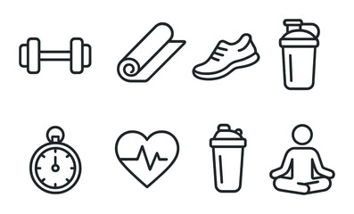 Fitness icons set: dumbbell, mat, shoe, shaker, stopwatch, heartbeat, meditation