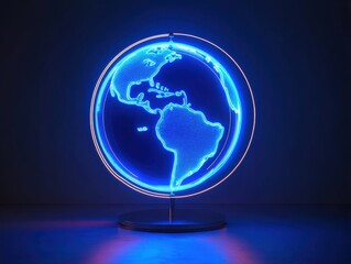 Glowing, neon blue globe with a futuristic design, featuring bright outlines of continents and latitude lines, stands against a dark, minimalist background.