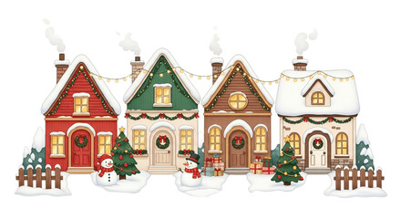 Fototapeta premium Cartoon snowy village with cute houses, snowmen, and Christmas trees on transparent background