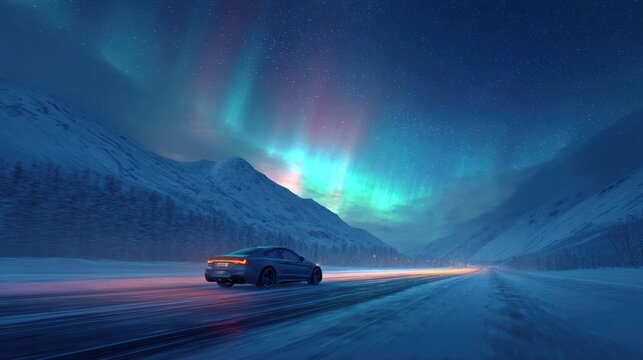 Northern Lights Journey: A sleek car speeds along a snow-covered road, its path illuminated by the mesmerizing dance of the Northern Lights above, set against a backdrop of snow-covered mountains. - Powered by Adobe