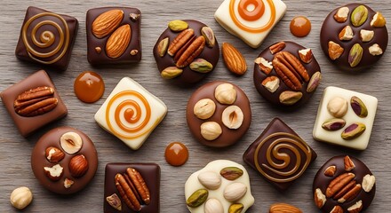 Artisanal confectionery assortment with nuts and caramel swirls delights