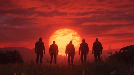 Fototapeta premium Silhouette figures sunset horizon