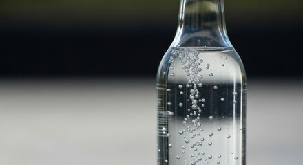 Close-up of a glass bottle, filled with carbonated water.  Bubbles rising