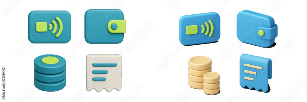 Poster colorful digital interface icons in blue and green for technology applications displayed on a white 