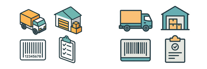 Logistics tools for warehouse and delivery management showcasing vehicles, checklists, and barcodes for streamlined operations