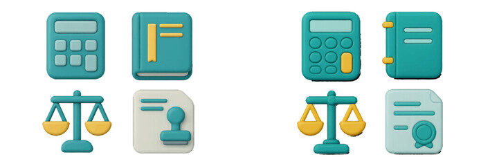 Colorful icons representing legal concepts and calculations suitable for educational materials or digital platforms