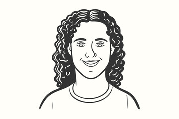 Smiling young adult with wavy brunette hair looks directly forward in a line drawing