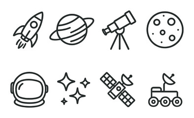 Space icons: rocket, planet, telescope, moon, astronaut, stars, satellite, rover