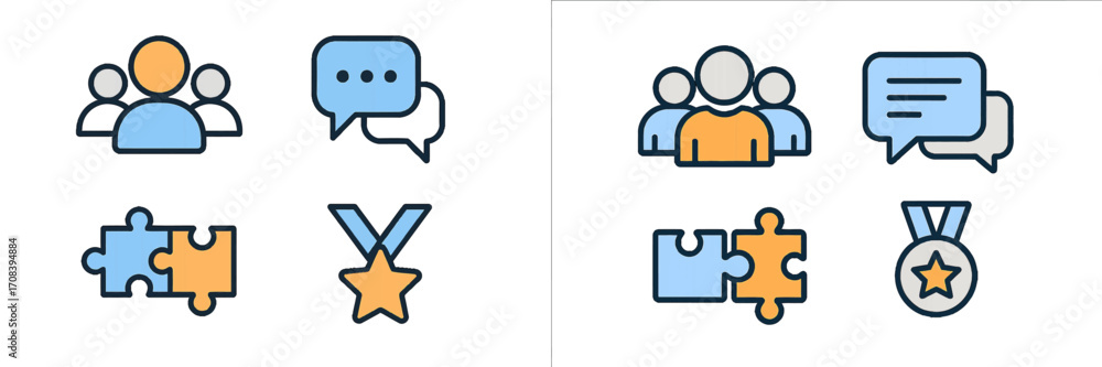 Poster graphic design showcasing communication and collaboration concepts with people icons and puzzle piec
