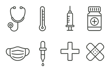 Medical icons set: stethoscope, thermometer, syringe, medicine, mask, dropper, cross, bandage