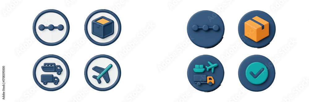 Poster various logistics icons showcasing different modes of transportation and packaging solutions for eff