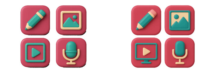 Colorful icons representing various multimedia activities including drawing, photography, and audio recording in a modern design aesthetic