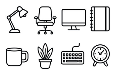 Office essentials icons: lamp, chair, computer, notebook, mug, plant, keyboard, clock