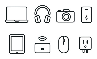 Set of modern technology icons featuring laptop camera smartphone headphones and more