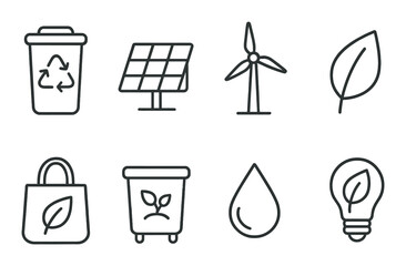 Sustainable energy and recycling icons: solar, wind, and eco-friendly symbols