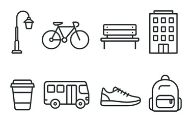 Urban icons: bike, bench, building, lamp, coffee cup, bus, shoe, backpack