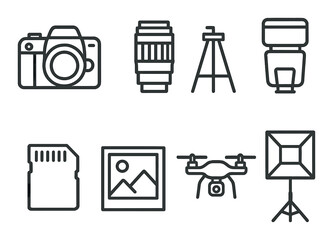 Photography equipment icons: camera, lens, tripod, flash, memory card, photo, drone, softbox