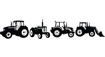 Four diverse tractors lined up silhouettes agricultural machinery modern and classic farm equipment vector
