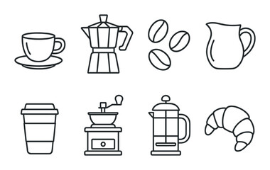 Silhouette icons of coffee brewing and accessories on dark background