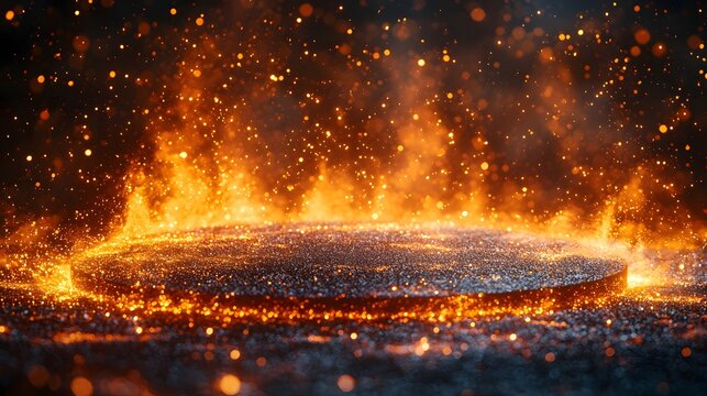 A glowing podium surrounded by intense fire and shimmering embers